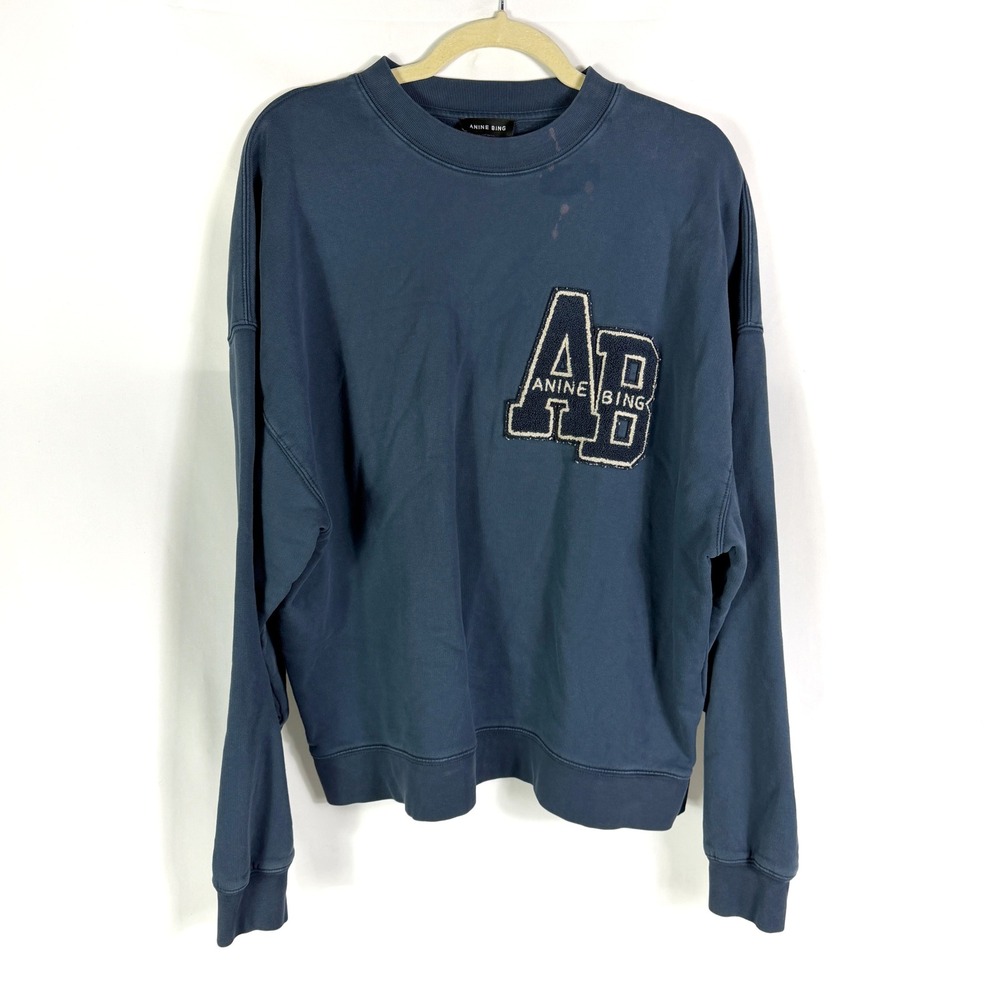 Anine Bing Miles Sweatshirt Navy Blue Chenille AB Patch Varsity Womens Sz S - Picture 4 of 10